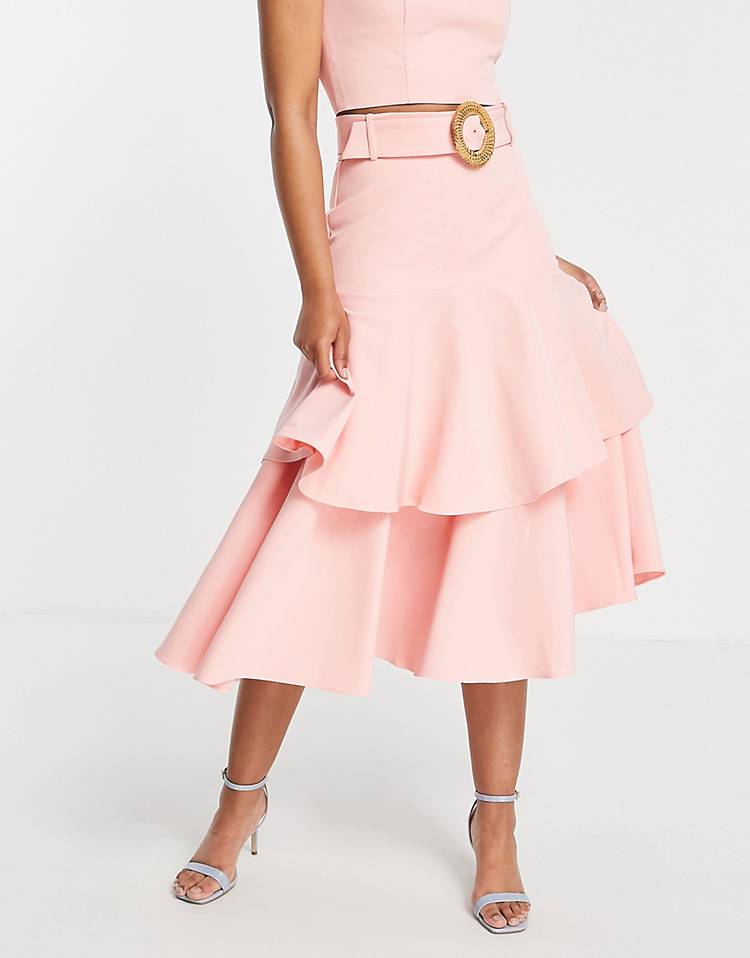 Ever New tiered midaxi skirt with tortoise shell buckle in blush - part of a set